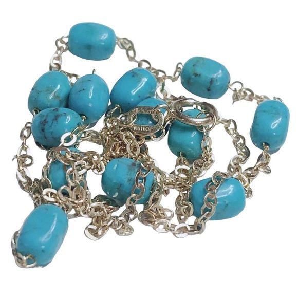 14kt 14K Italy Milor Yellow Gold Blue Turquoise Station Necklace 24" Long - Picture 2 of 6